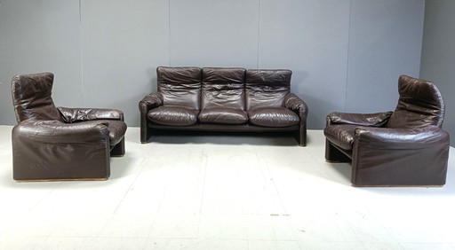 Early Leather Maralunga Sofa Set By Vico Magistretti For Cassina, 1973