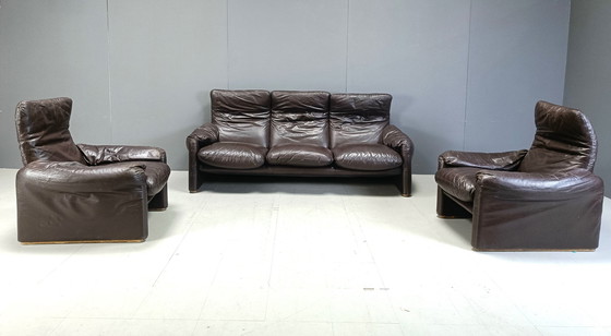 Image 1 of Early Leather Maralunga Sofa Set By Vico Magistretti For Cassina, 1973