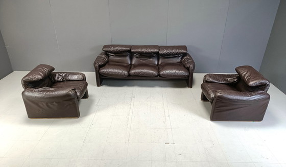 Image 1 of Early Leather Maralunga Sofa Set By Vico Magistretti For Cassina, 1973