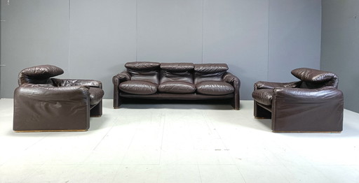 Early Leather Maralunga Sofa Set By Vico Magistretti For Cassina, 1973