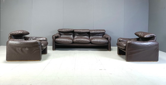 Image 1 of Early Leather Maralunga Sofa Set By Vico Magistretti For Cassina, 1973