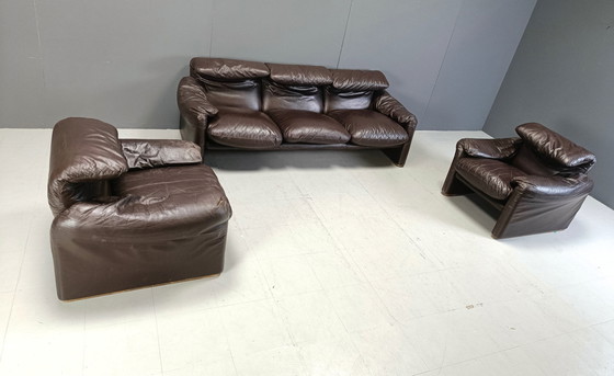 Image 1 of Early Leather Maralunga Sofa Set By Vico Magistretti For Cassina, 1973