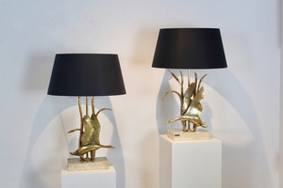 Image 1 of Travertine and Gilt Metal Wild Duck Table Lamp by Lanciotto Galeotti,