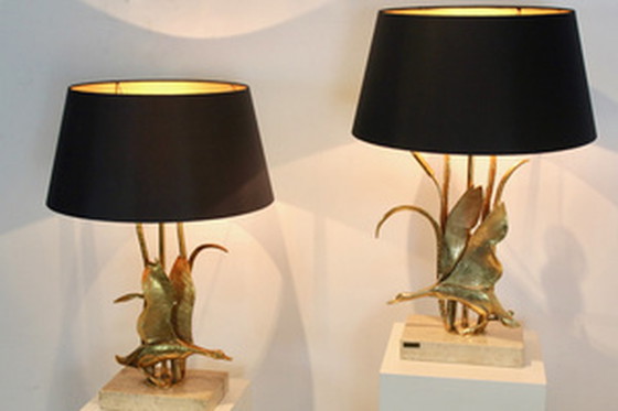 Image 1 of Travertine and Gilt Metal Wild Duck Table Lamp by Lanciotto Galeotti,