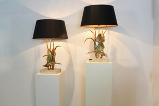 Travertine and Gilt Metal Wild Duck Table Lamp by Lanciotto Galeotti,