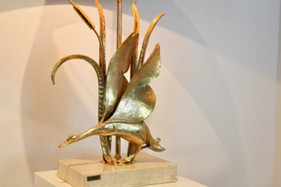 Image 1 of Travertine and Gilt Metal Wild Duck Table Lamp by Lanciotto Galeotti,