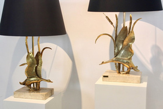 Image 1 of Travertine and Gilt Metal Wild Duck Table Lamp by Lanciotto Galeotti,