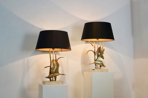 Travertine and Gilt Metal Wild Duck Table Lamp by Lanciotto Galeotti,