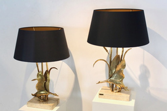 Image 1 of Travertine and Gilt Metal Wild Duck Table Lamp by Lanciotto Galeotti,