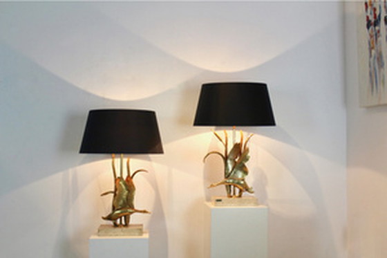 Image 1 of Travertine and Gilt Metal Wild Duck Table Lamp by Lanciotto Galeotti,