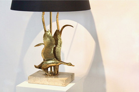 Image 1 of Travertine and Gilt Metal Wild Duck Table Lamp by Lanciotto Galeotti,