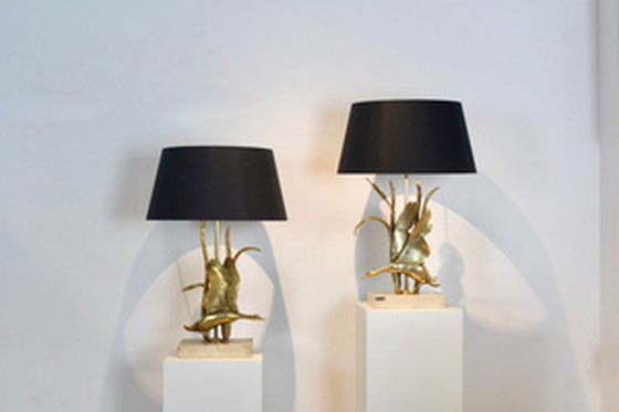 Image 1 of Travertine and Gilt Metal Wild Duck Table Lamp by Lanciotto Galeotti,