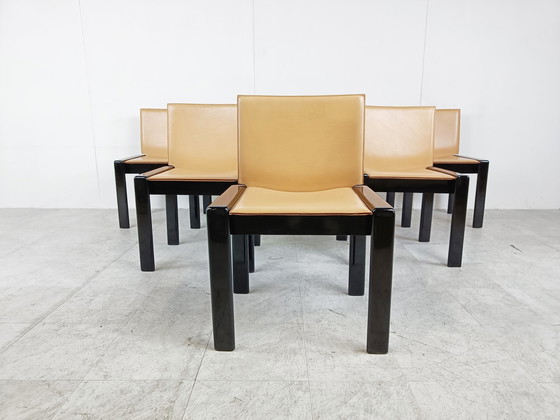 Image 1 of 6 sedie da pranzo vintage in pelle e lacca