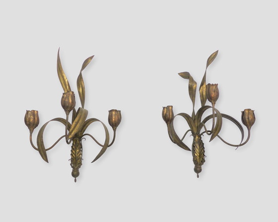 Image 1 of Pair Of Wall Lights With Leaves And Tulips