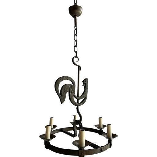 Vintage rooster chandelier in wrought iron, 1950