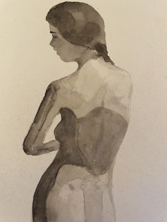 Image 1 of Ritratto femminile in acquerello seppia "Gioco di ombre"