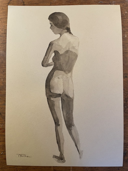 Sepia Watercolor Female Portrait "Jeu D'ombres