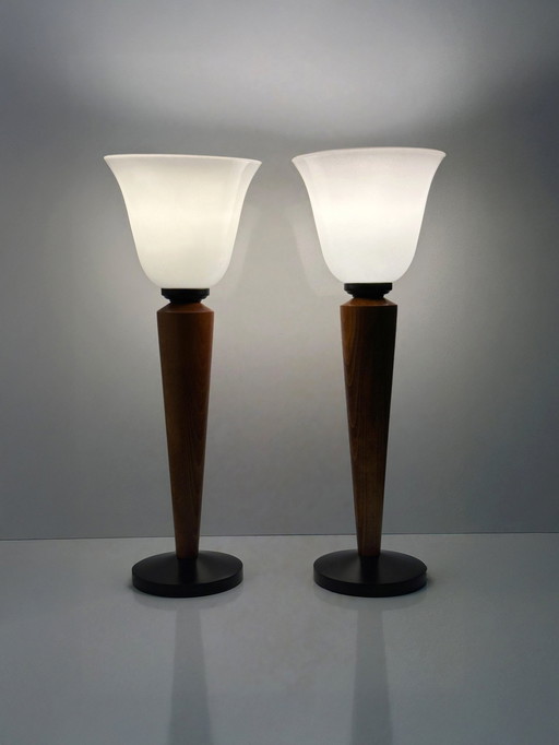 Pair of lamps Art Deco goblets with teak wood Mazda style goblet frosted glass