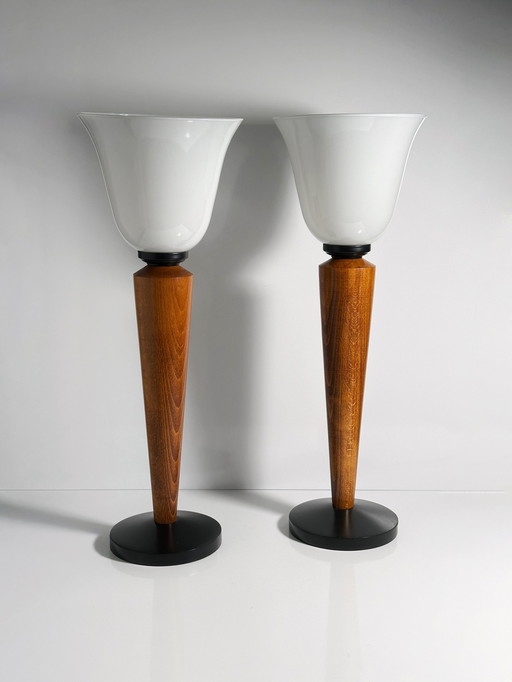 Pair of lamps Art Deco goblets with teak wood Mazda style goblet frosted glass