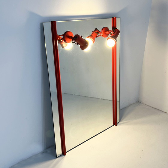 Image 1 of Red Mirror In Metal With Adjustable Lamps, 1970S