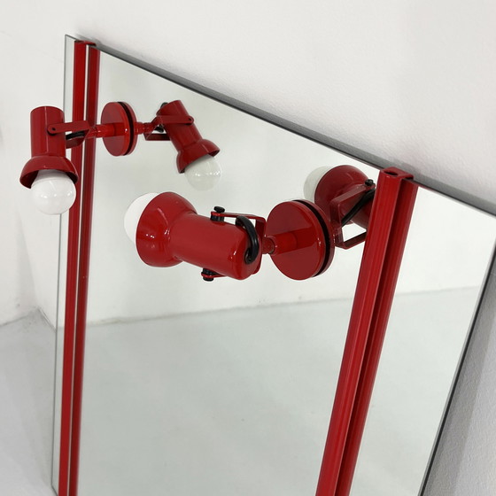 Image 1 of Red Mirror In Metal With Adjustable Lamps, 1970S