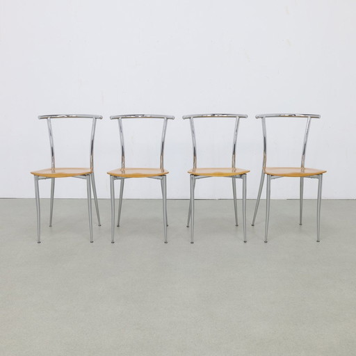 4x Postmodern Dining Chair Chrome & Plywood Segis, 1990s