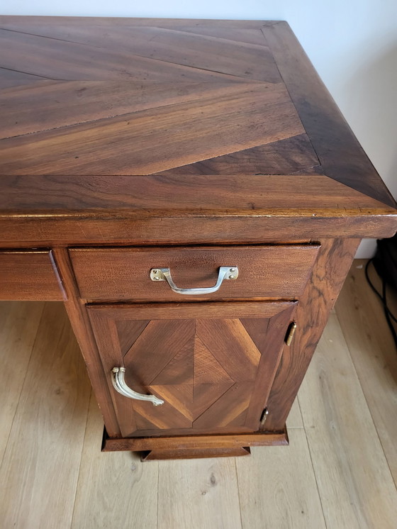 Image 1 of Antique Desk, Inlaid Wood Pattern Top, Metal Handles