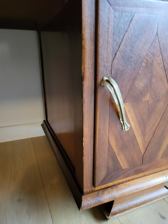 Image 1 of Antique Desk, Inlaid Wood Pattern Top, Metal Handles