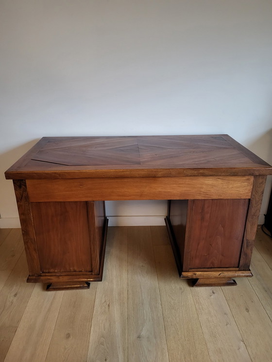 Image 1 of Antique Desk, Inlaid Wood Pattern Top, Metal Handles