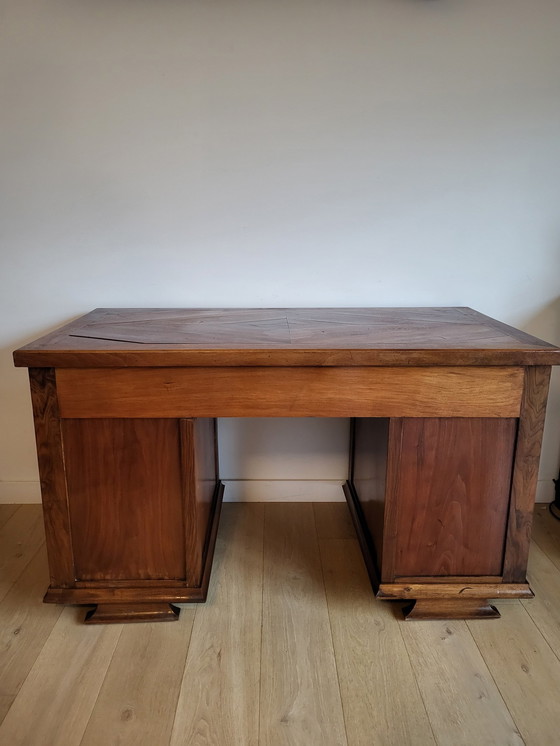 Image 1 of Antique Desk, Inlaid Wood Pattern Top, Metal Handles