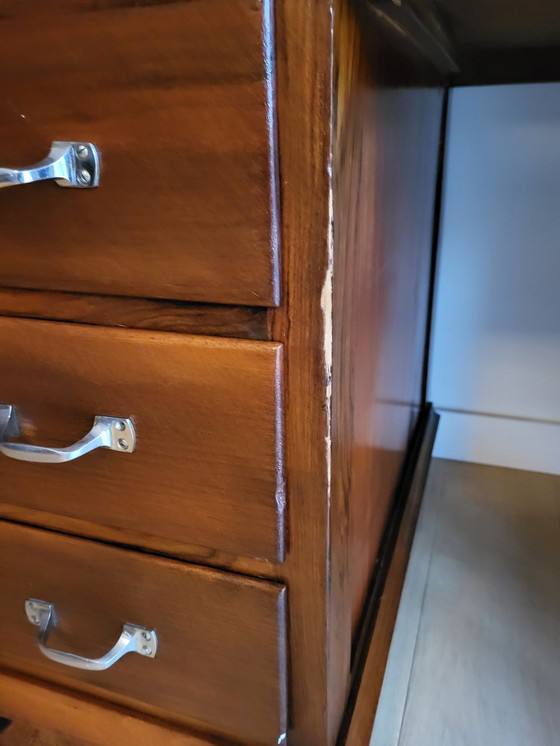 Image 1 of Antique Desk, Inlaid Wood Pattern Top, Metal Handles