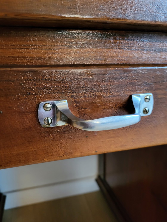 Image 1 of Antique Desk, Inlaid Wood Pattern Top, Metal Handles