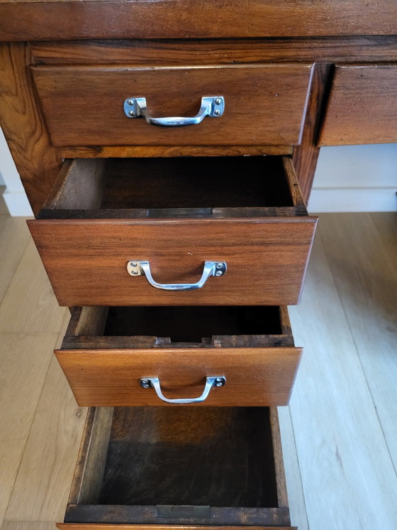 Image 1 of Antique Desk, Inlaid Wood Pattern Top, Metal Handles