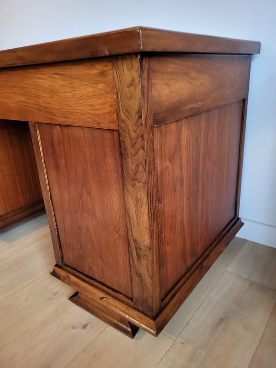 Image 1 of Antique Desk, Inlaid Wood Pattern Top, Metal Handles