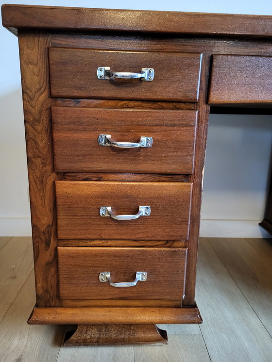 Image 1 of Antique Desk, Inlaid Wood Pattern Top, Metal Handles