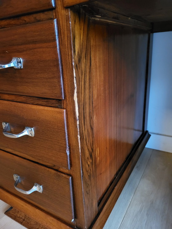 Image 1 of Antique Desk, Inlaid Wood Pattern Top, Metal Handles