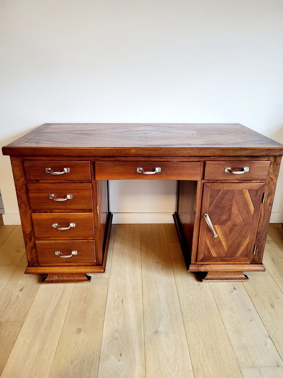 Image 1 of Antique Desk, Inlaid Wood Pattern Top, Metal Handles