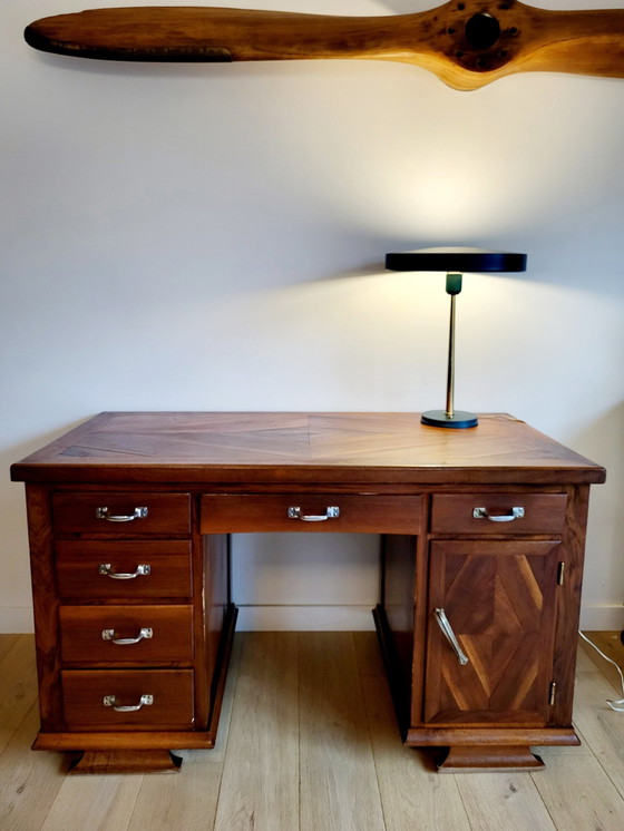 Image 1 of Antique Desk, Inlaid Wood Pattern Top, Metal Handles