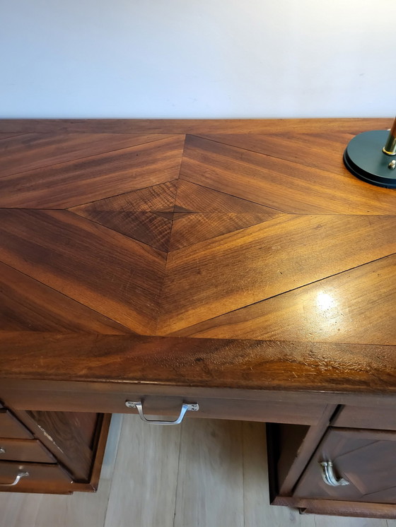 Image 1 of Antique Desk, Inlaid Wood Pattern Top, Metal Handles