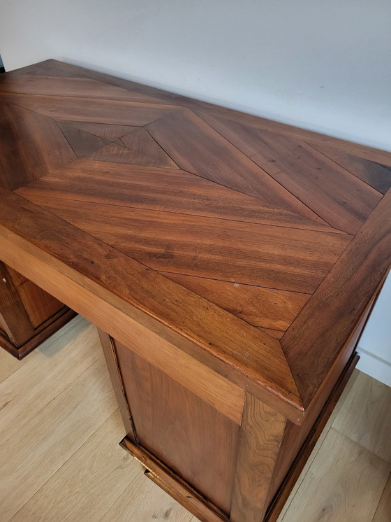 Image 1 of Antique Desk, Inlaid Wood Pattern Top, Metal Handles