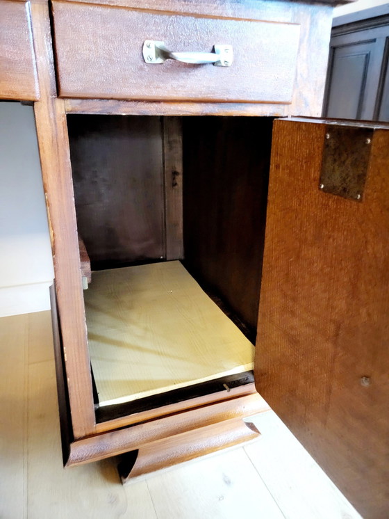 Image 1 of Antique Desk, Inlaid Wood Pattern Top, Metal Handles