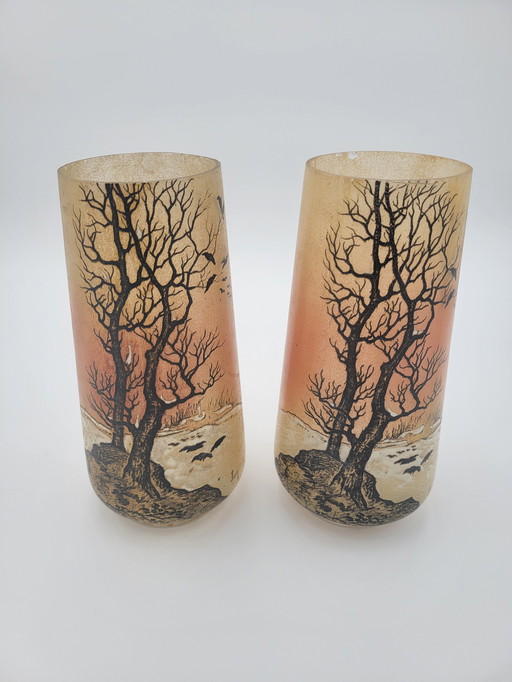 Pair De Vases Soliflore Signé Jem À Décor De Paysage D'Hiver