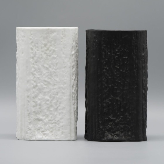 Image 1 of Martin Freyer Rosenthal Studio Linie Op-Art Relief Bisque Porcelain Vase Duo B&W