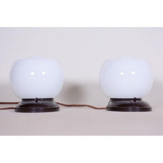 Image 1 of Pair of vintage bakelite and milk glass table lamps, Germany 1930