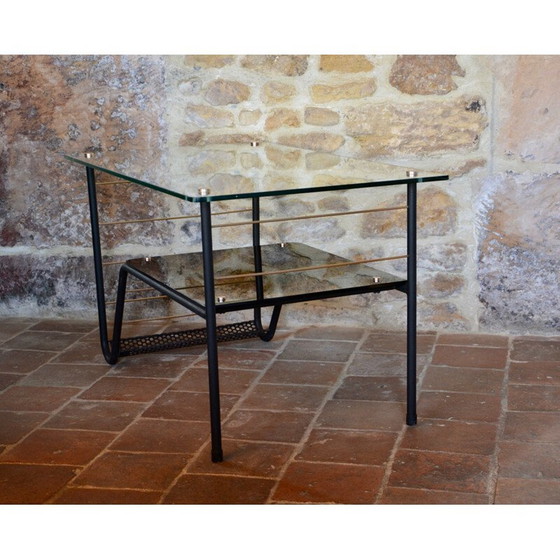 Image 1 of Vintage coffee table with magazine rack in metal and glass, 1950