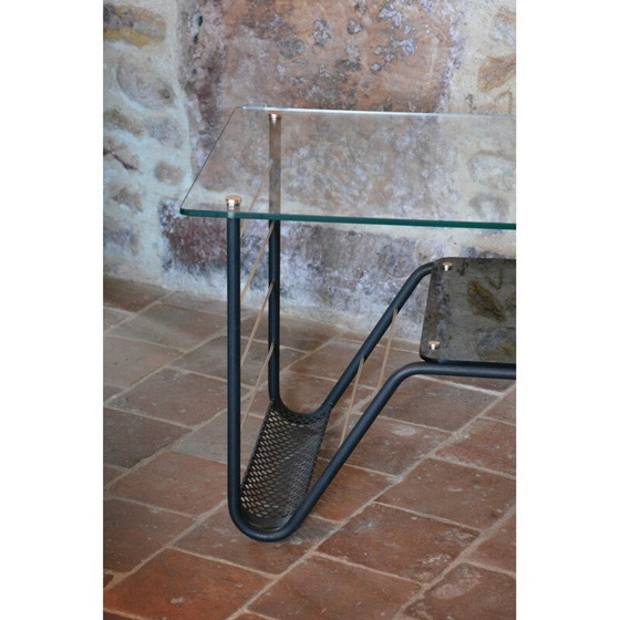 Image 1 of Vintage coffee table with magazine rack in metal and glass, 1950