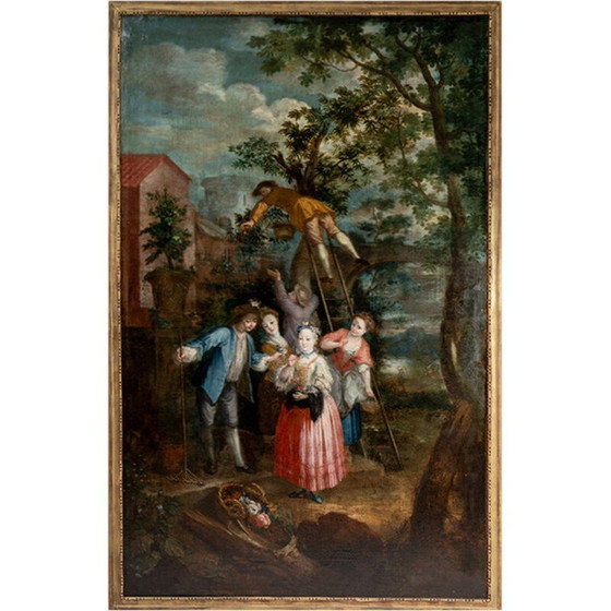 Image 1 of Vintage oil on canvas depicting a harvest