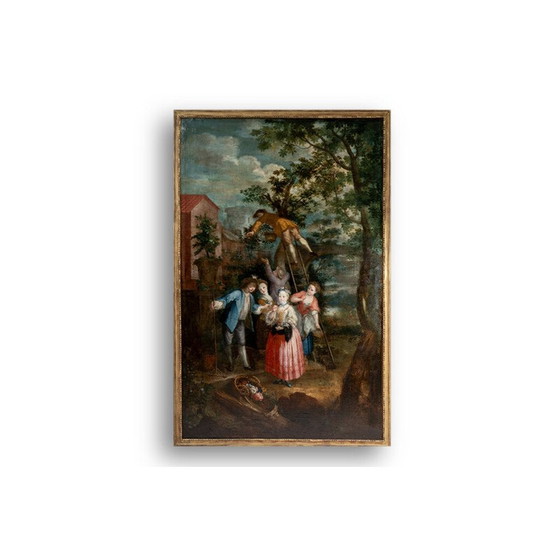 Image 1 of Vintage oil on canvas depicting a harvest