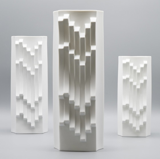 Image 1 of ARCHAIS Heinrich FUCHS Op Art Retro HUTSCHENREUTHER Bisque Porcelain Vase Duo 