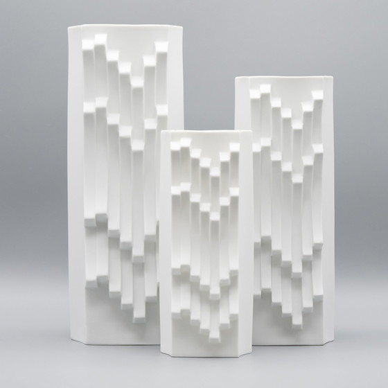 Image 1 of ARCHAIS Heinrich FUCHS Op Art Retro HUTSCHENREUTHER Bisque Porcelain Vase Duo 
